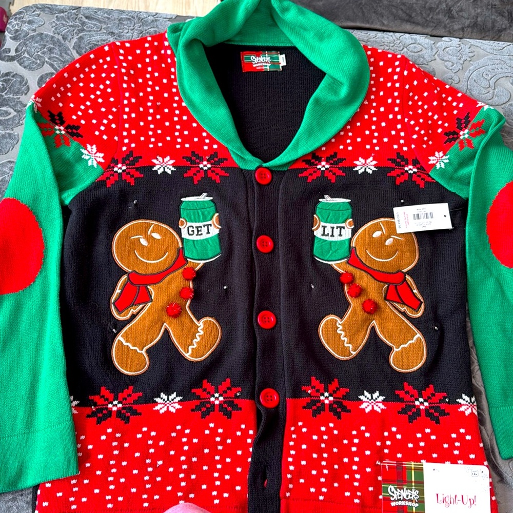 Spencer’s Adult Ugly Christmas men’s button up cardigan Sweater Large